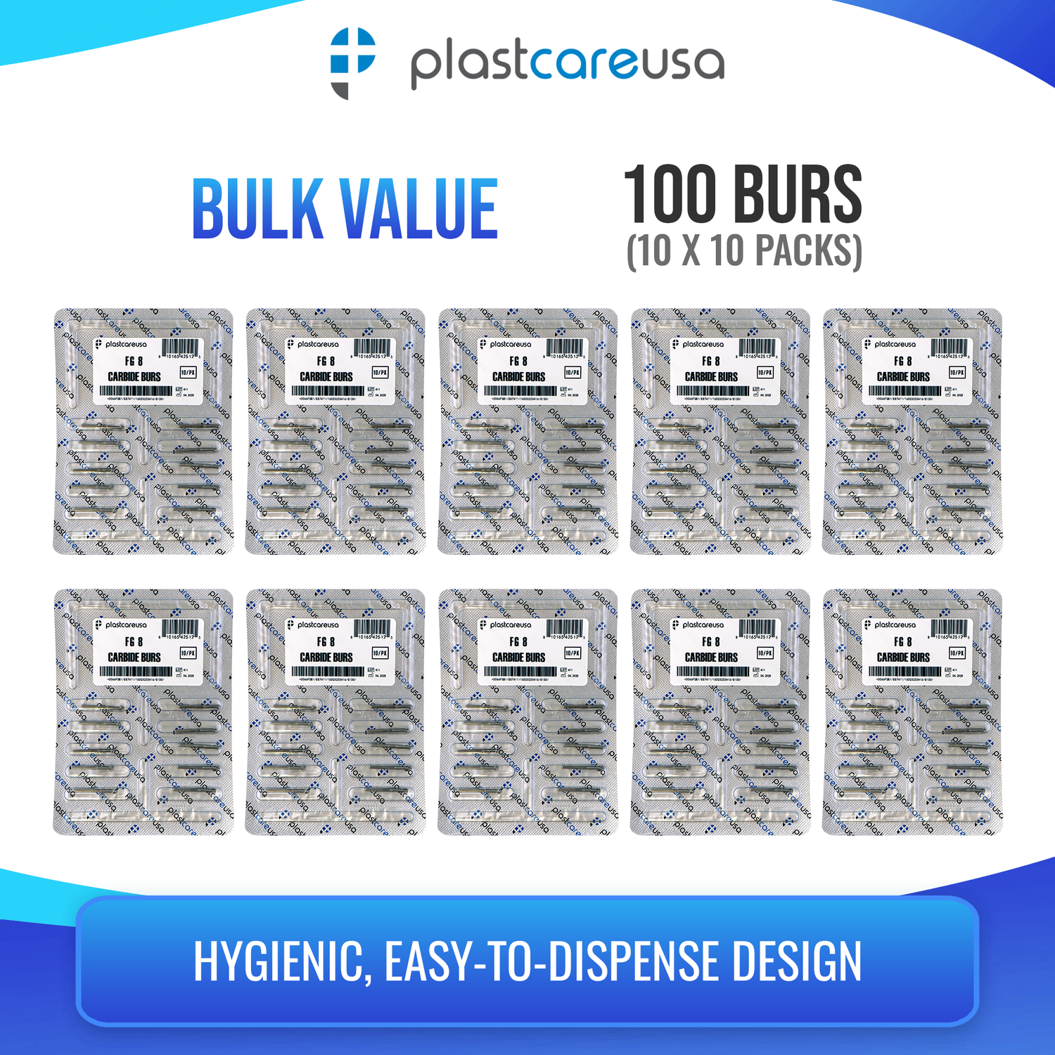 PlastCare USA FG 8 Round Clinical Length Carbide Burs - 100 Pack (10 Packs of 10) for High-Speed Handpieces