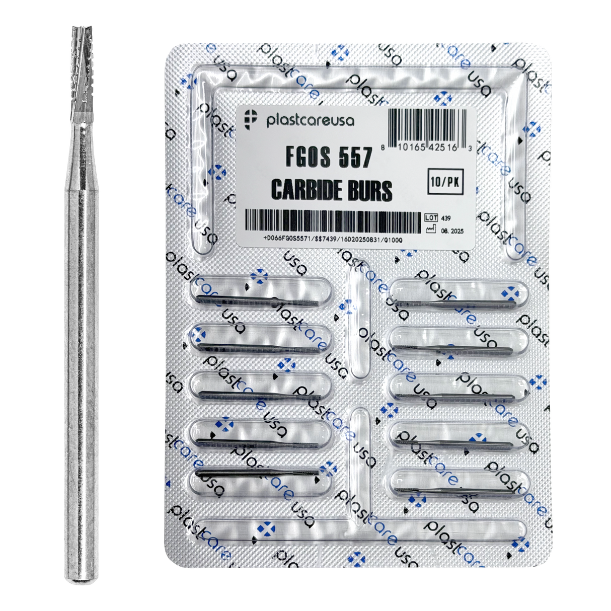 PlastCare USA 557 Surgical FG Straight Fissure Cross-Cut Carbide Burs – 100 Pack (10 Packs of 10) for High-Speed Handpieces - My DDS Supply