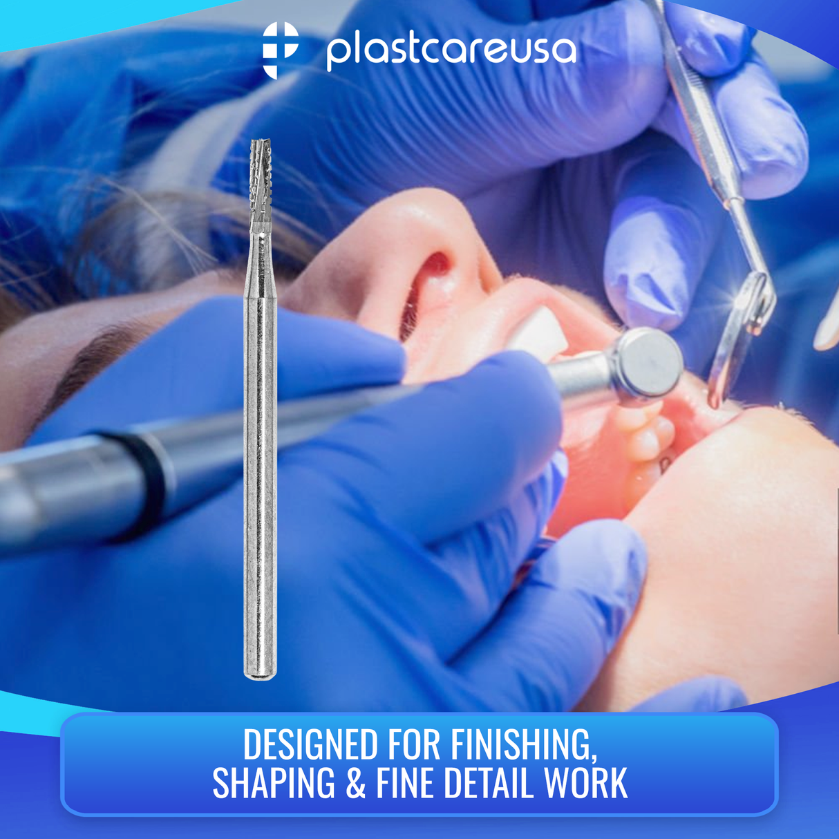 PlastCare USA 557 Surgical FG Straight Fissure Cross-Cut Carbide Burs – 100 Pack (10 Packs of 10) for High-Speed Handpieces - My DDS Supply