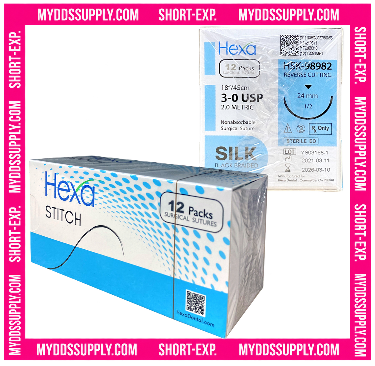 Hexa Dental 3/0 18" C-6 24 mm Silk Non-Absorbable Sutures (Box of 12) (HSK-98982) *EXP 03/2026*