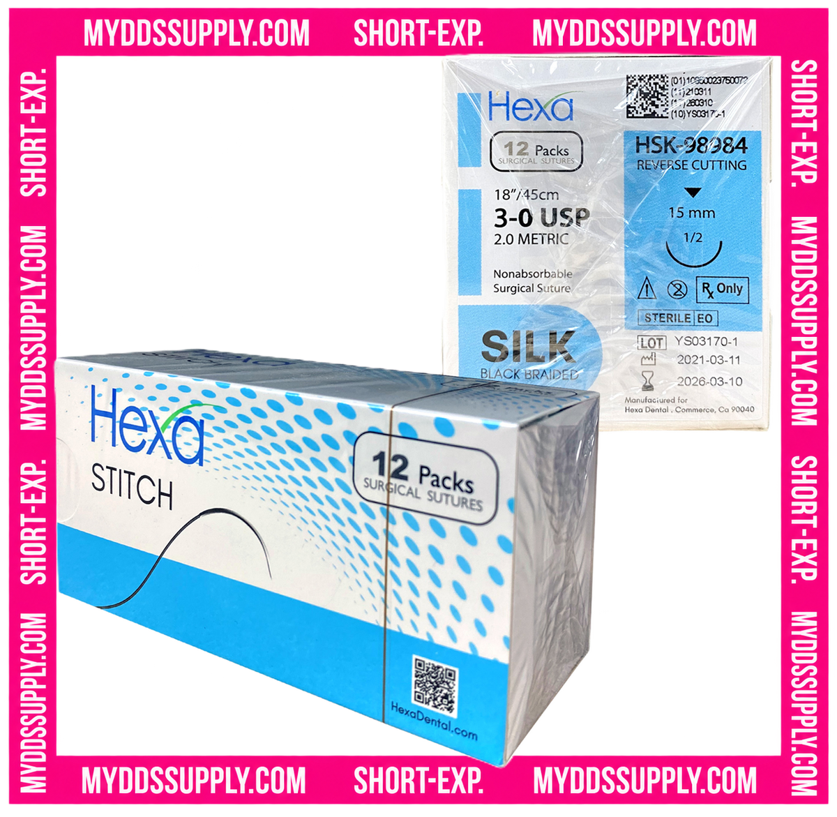 3/0 18" C-26 Silk Reverse Cutting Sutures C26 Needle *SHORT EXP 05/2027* HSK-98984 (Box of 12)