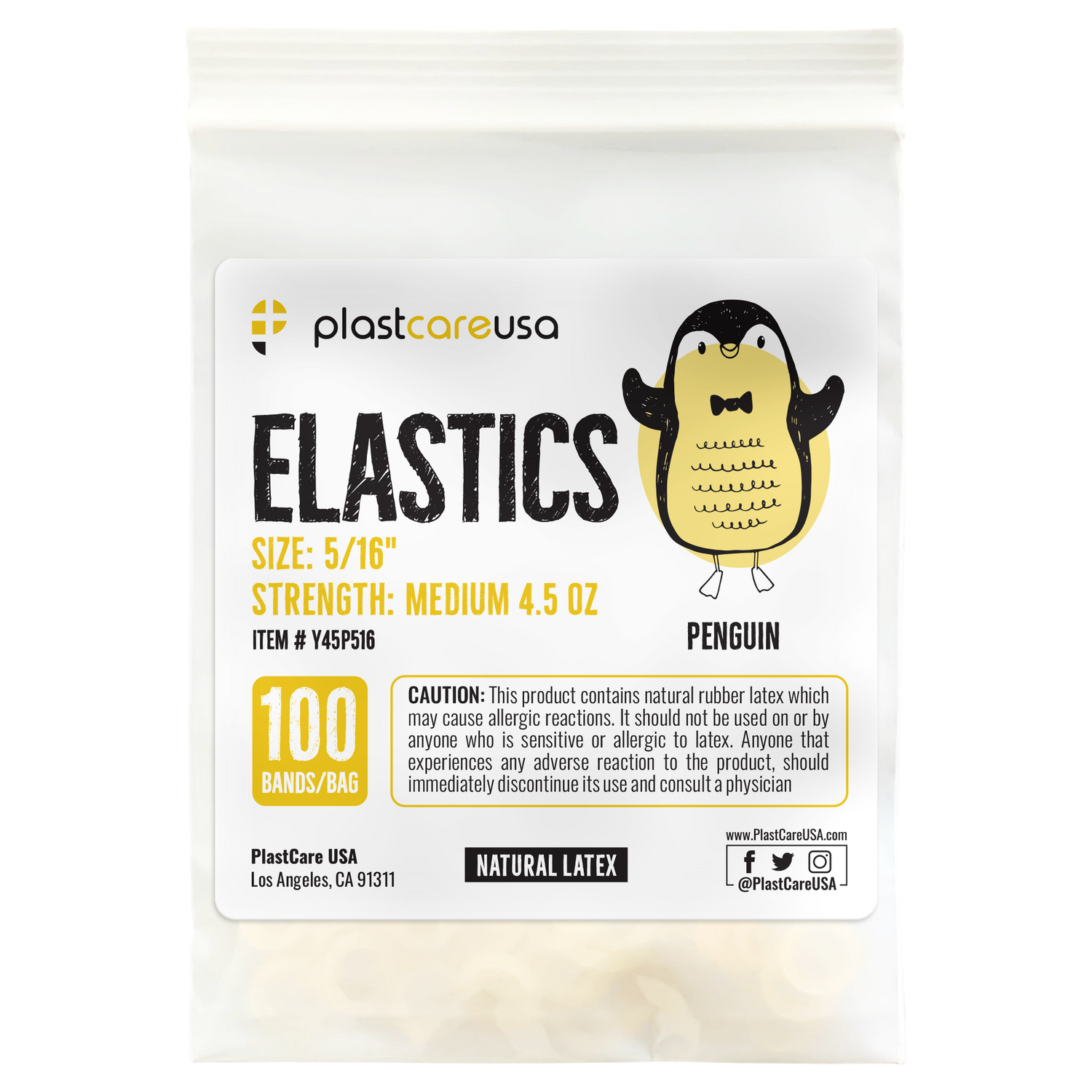 2000 (5/16" Penguin, Medium 4.5 Oz) Yellow Orthodontic Latex Elastic Rubber Bands for Braces