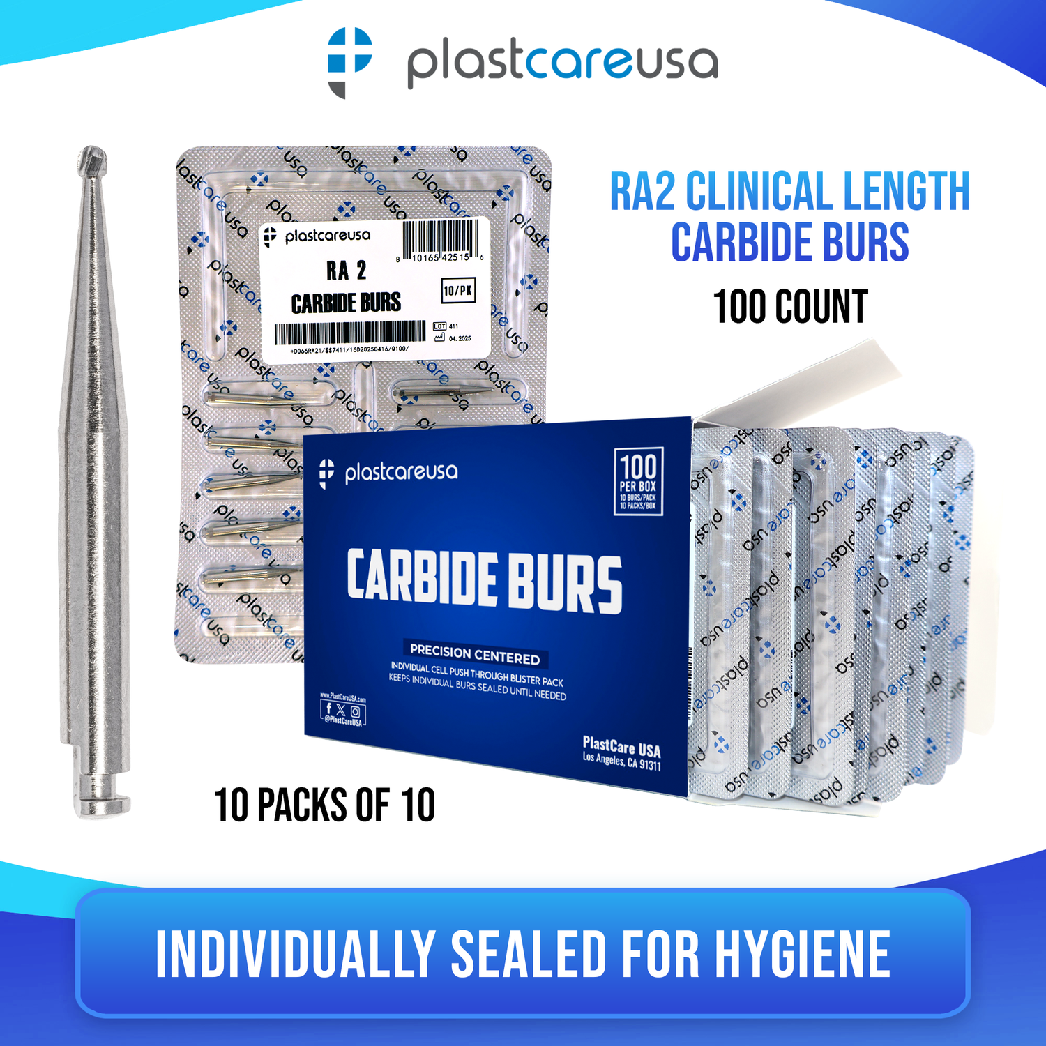 PlastCare USA RA 2 Carbide Burs - 100 Pack (10 Packs of 10) for Slow-Speed Handpieces