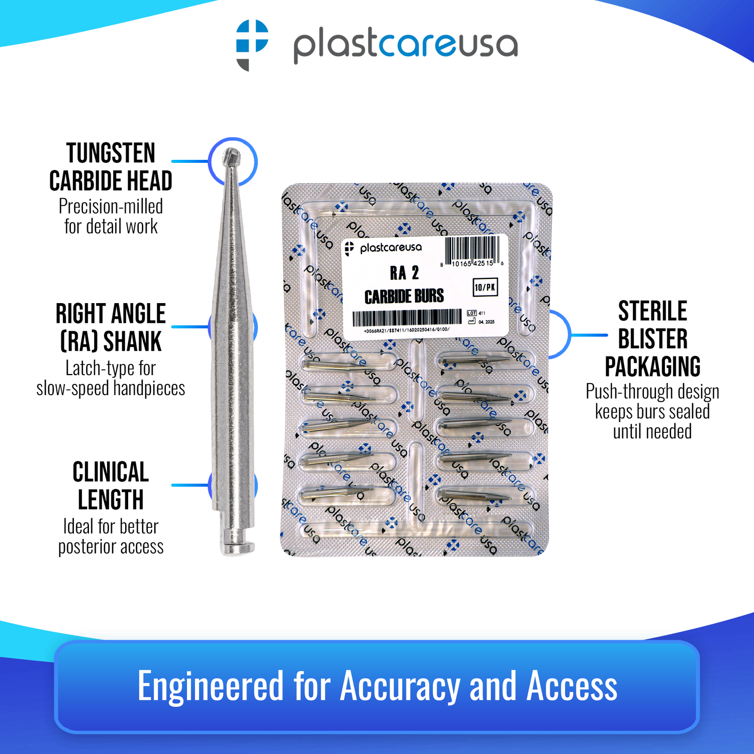 PlastCare USA RA 2 Carbide Burs - 100 Pack (10 Packs of 10) for Slow-Speed Handpieces