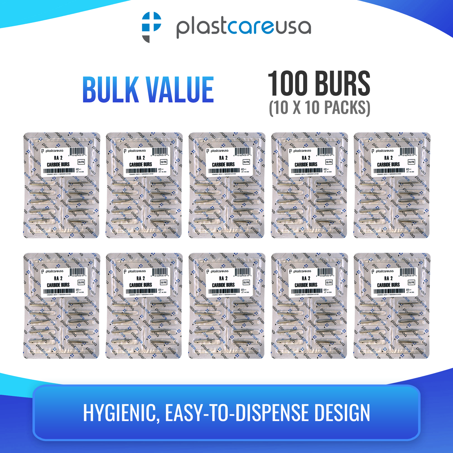 PlastCare USA RA 2 Carbide Burs - 100 Pack (10 Packs of 10) for Slow-Speed Handpieces