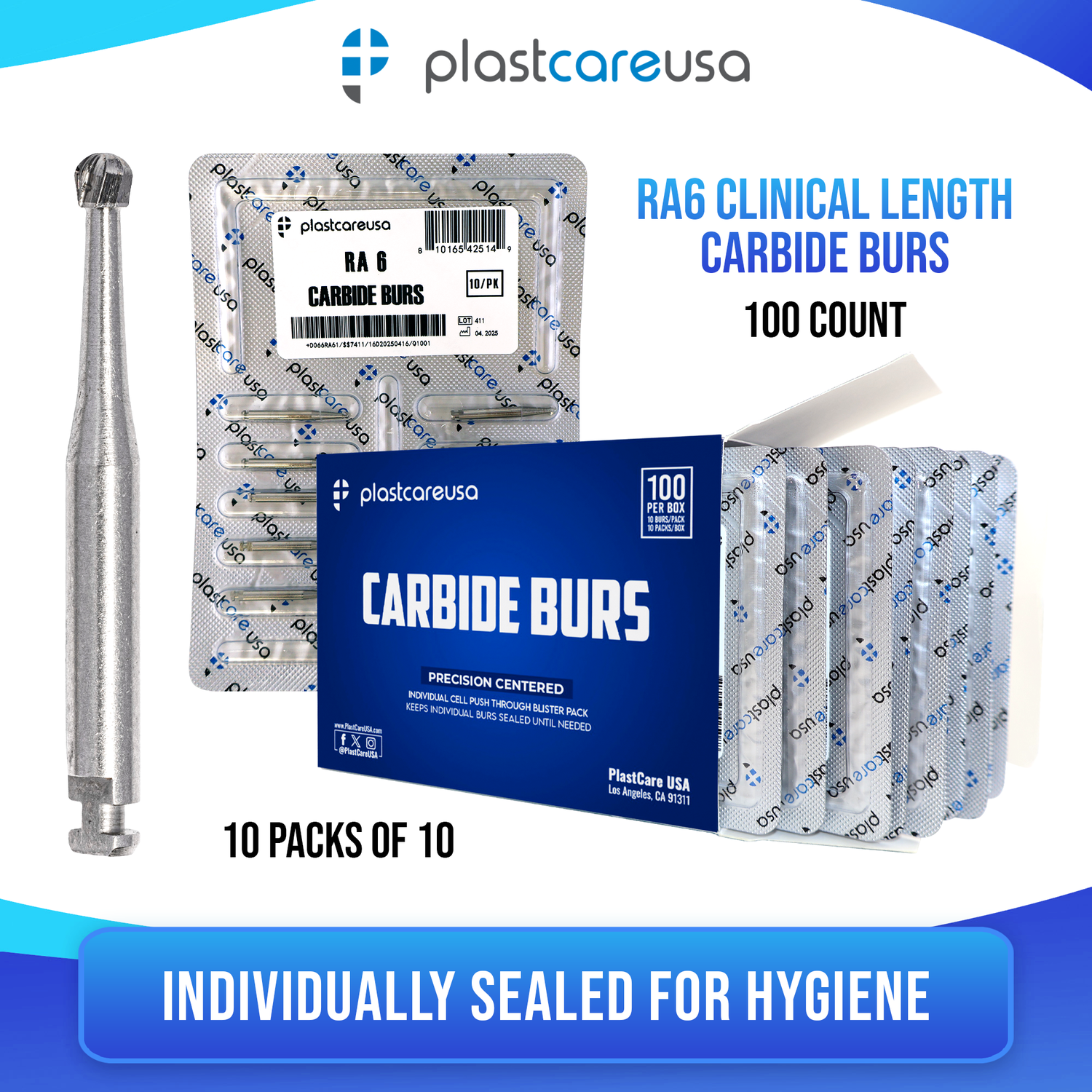 PlastCare USA RA 6 Carbide Burs - 100 Pack (10 Packs of 10) for Slow-Speed Handpieces
