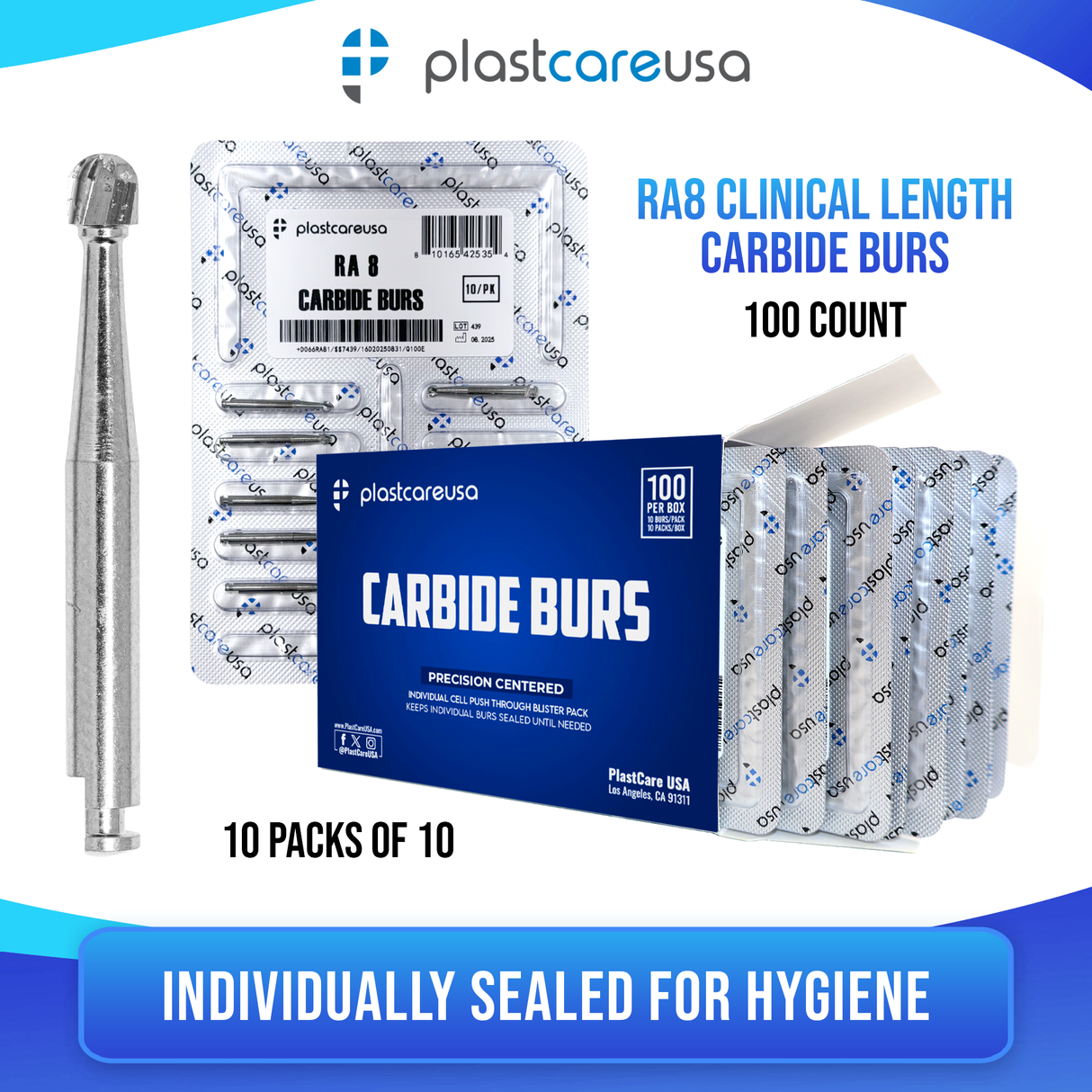 PlastCare USA RA 8 RA8 Carbide Burs - 100 Pack (10 Packs of 10) for Slow-Speed Handpieces - My DDS Supply
