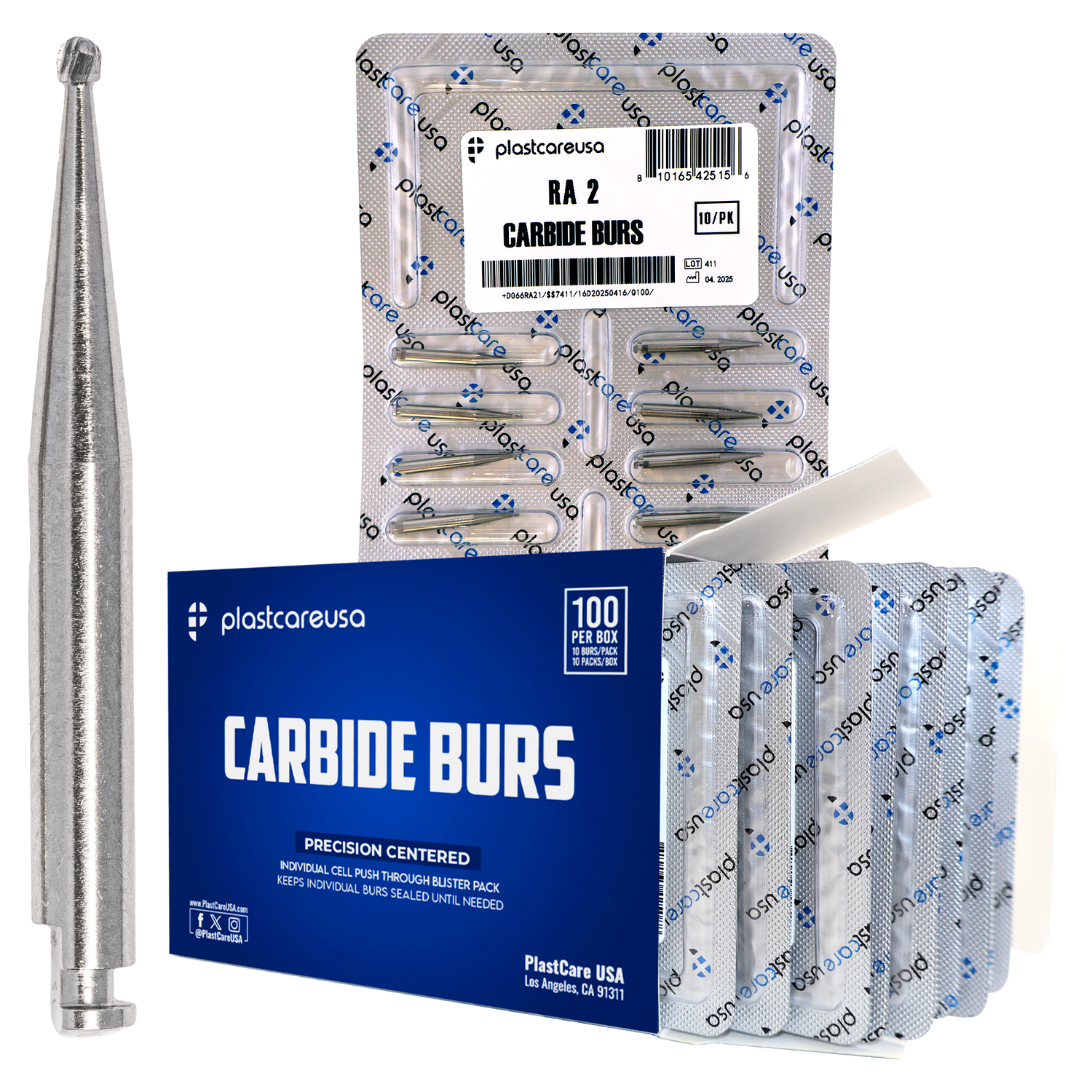 PlastCare USA RA 2 Carbide Burs - 100 Pack (10 Packs of 10) for Slow-Speed Handpieces