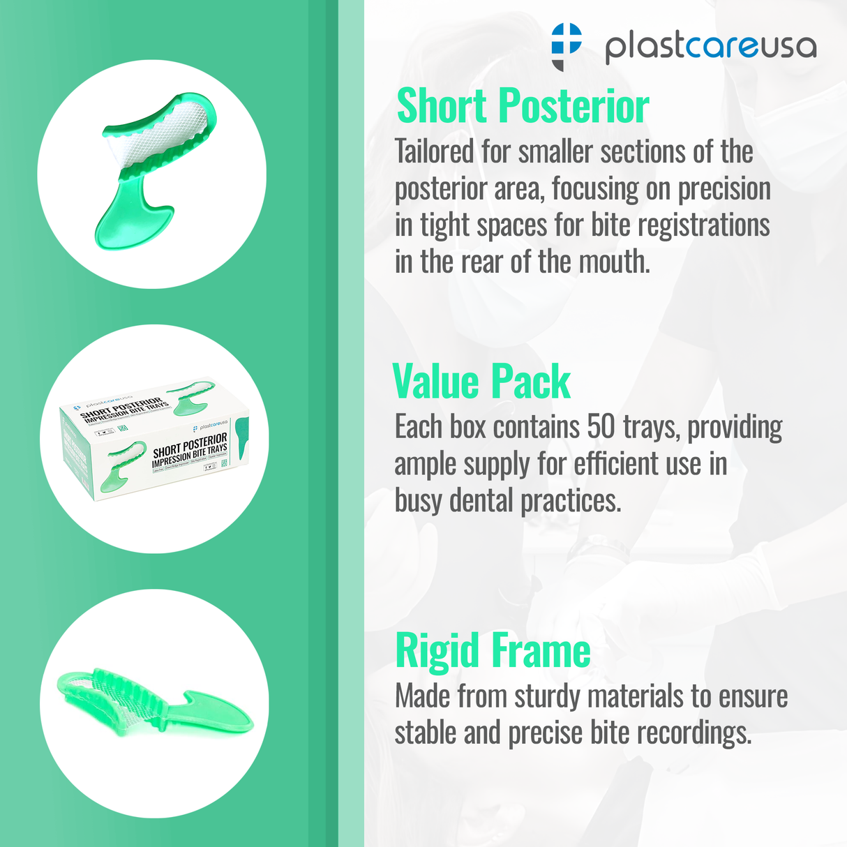 1000 x Short Posterior Green Bite Registration Impression Trays (20 Boxes) by PlastCare USA - My DDS Supply