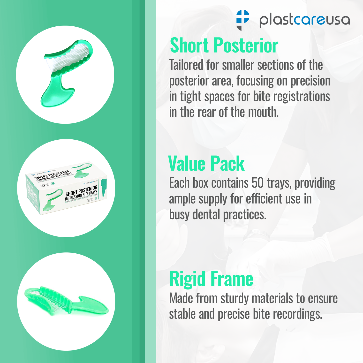 1000 x Short Posterior Green Bite Registration Impression Trays (20 Boxes) by PlastCare USA - My DDS Supply