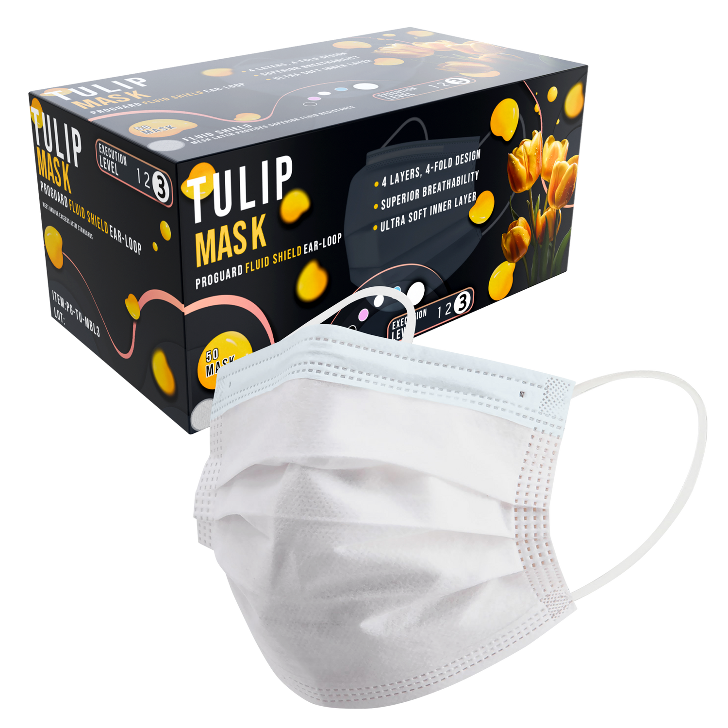TULIP 4-Ply ASTM Level 3 White Surgical Masks (Box of 50)