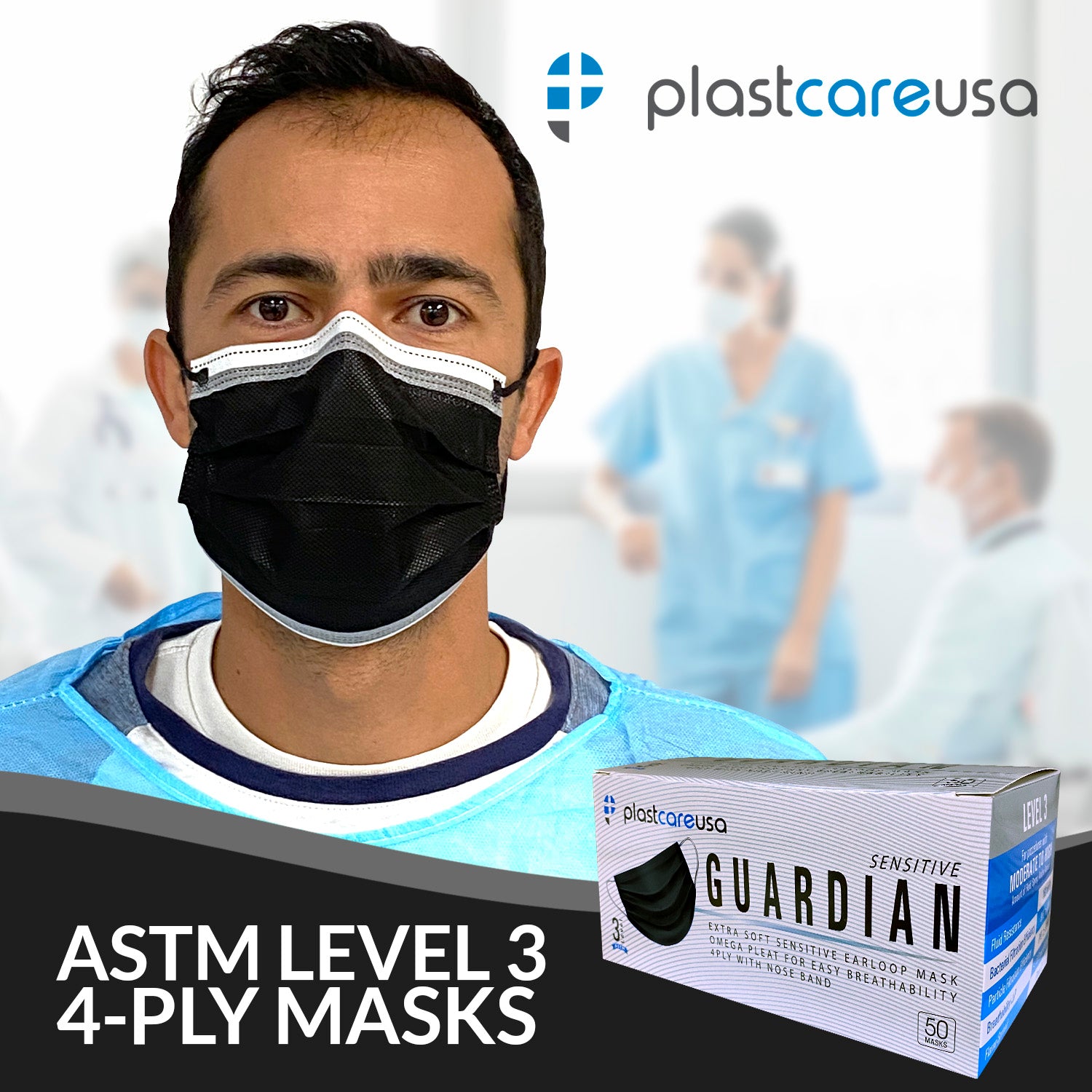 50 4-Ply ASTM Level 3 Black w/ White Stripe Surgical Masks by PlastCare USA