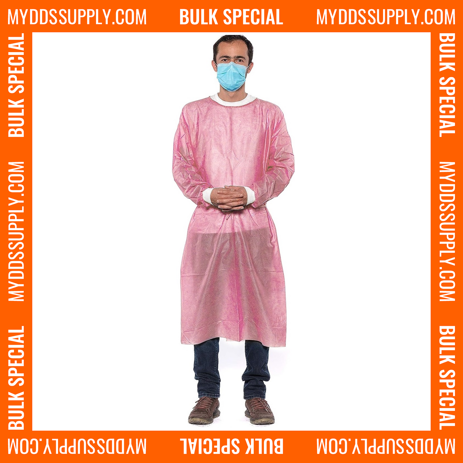 200 Pink 30g Disposable Isolation Lab Gowns with Knitt Cuffs for Medical Dental Hospital (4 Case of 50) * Bulk Special *