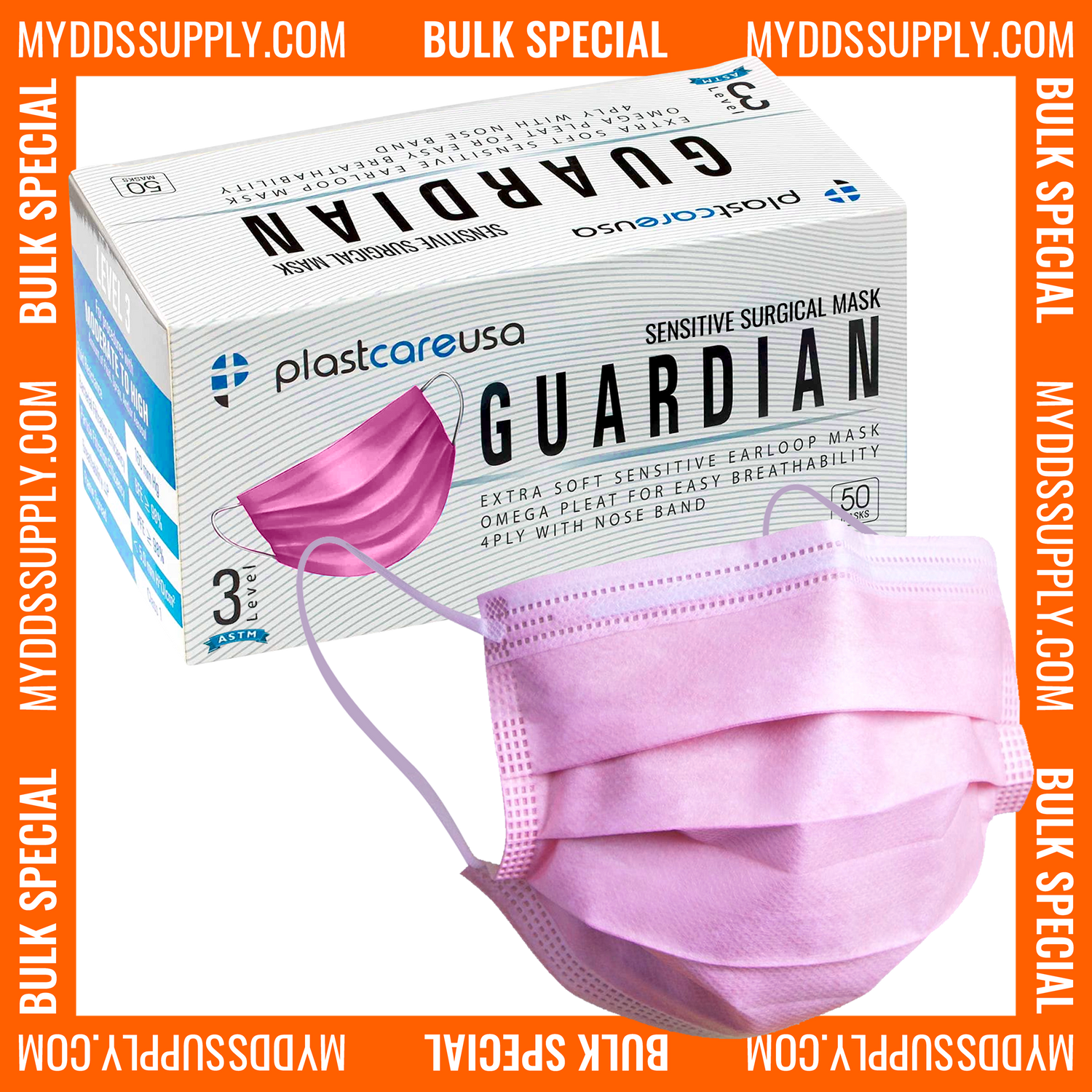 2000 4-Ply ASTM Level 3 Surgical Masks (Pink) by PlastCare USA (40 Boxes of 50)