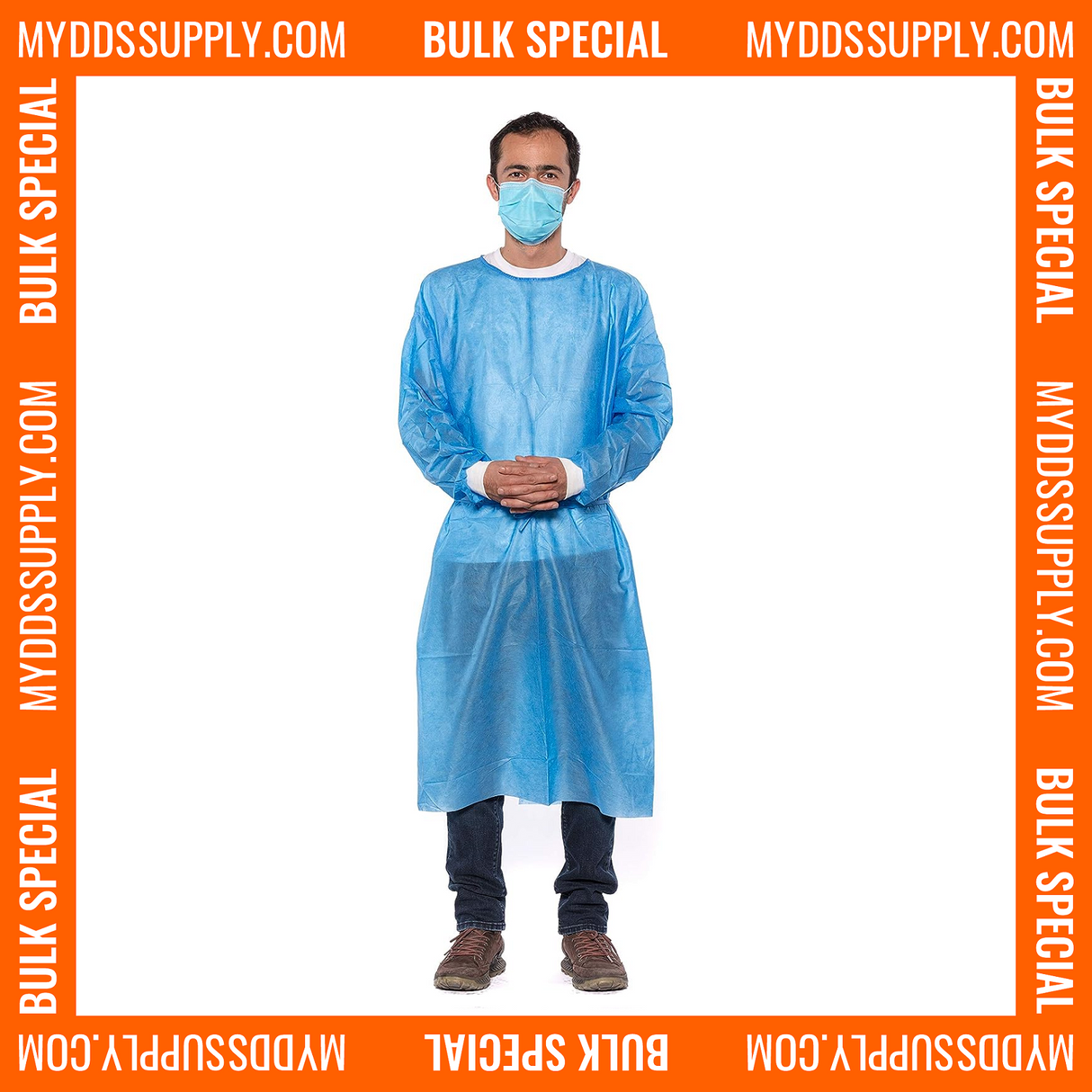 200 Blue Disposable Isolation Lab Gowns 30g with Knitt Cuffs for Medical Dental Hospital (4 Boxes of 50) *Bulk Special*