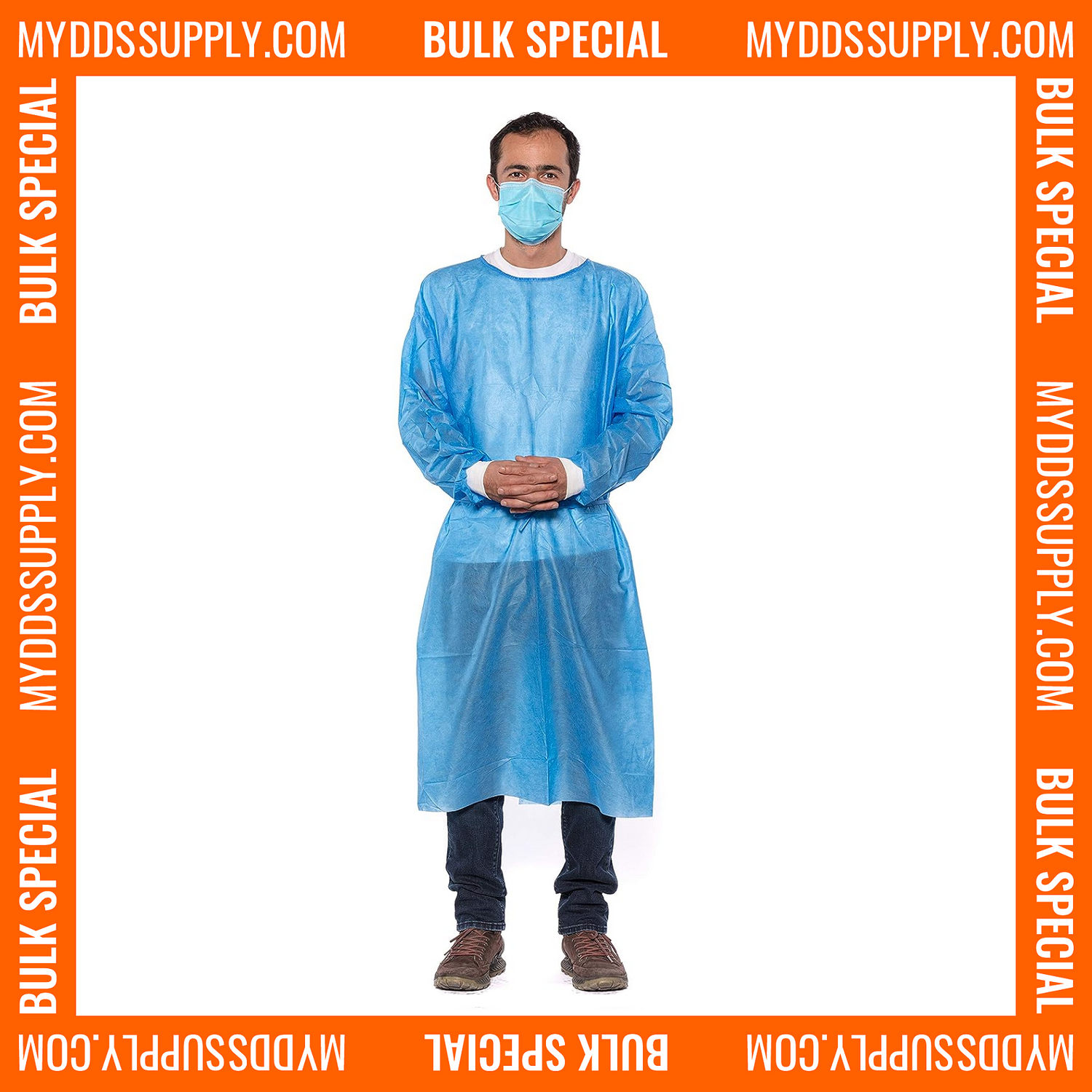 200 Blue Disposable Isolation Lab Gowns 30g with Knitt Cuffs for Medical Dental Hospital (4 Boxes of 50) *Bulk Special*
