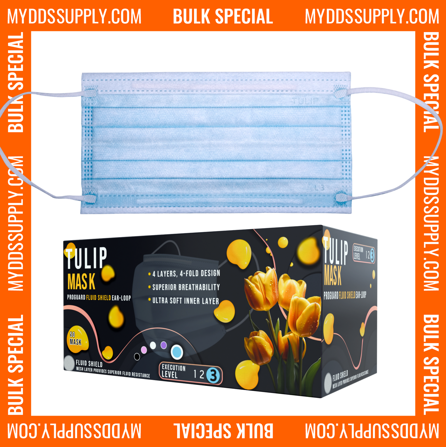 1000 TULIP 4-Ply ASTM Level 3 Blue Surgical Masks (20 Boxes of 50) *Bulk Special*