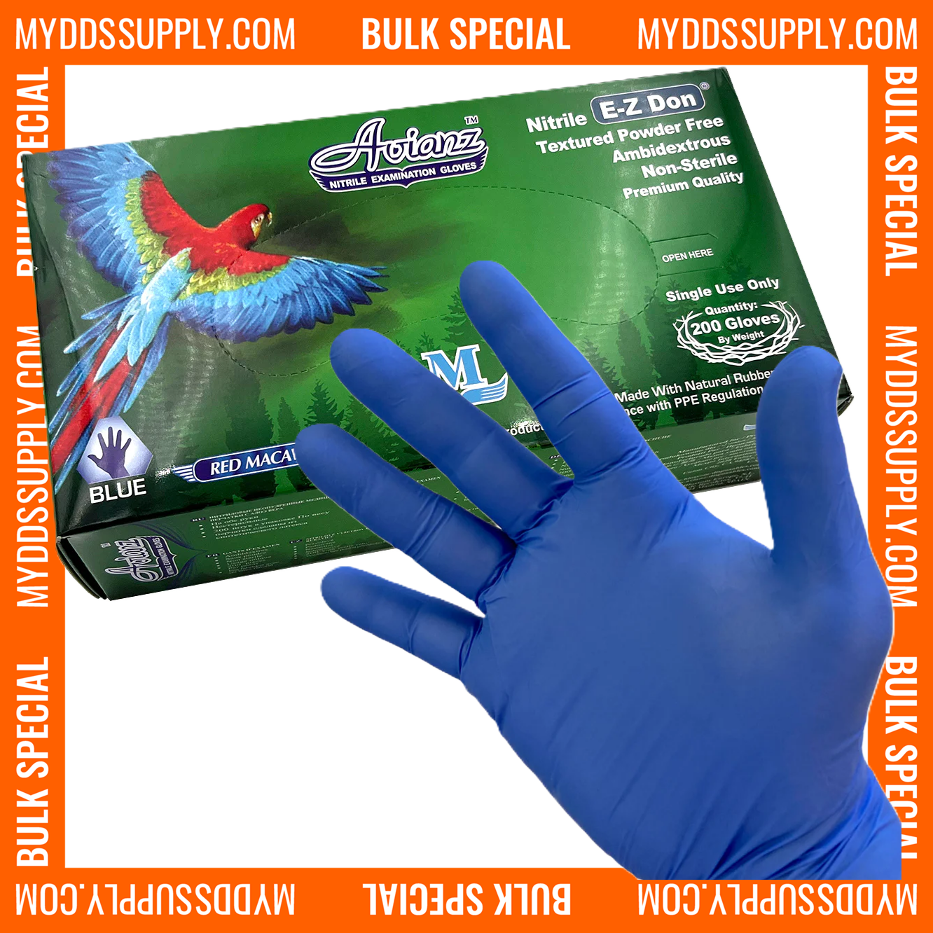 10,000 Medium Blossom Avianz E-Z Don Blue Nitrile Powder Free Examination Gloves (50 Boxes) *Bulk Special*