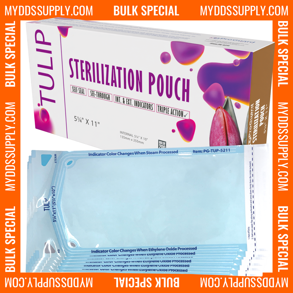 10,000 5.25" x 10" Self-Sealing Sterilization Pouches by TULIP (50 Boxes of 200) *Bulk Special*