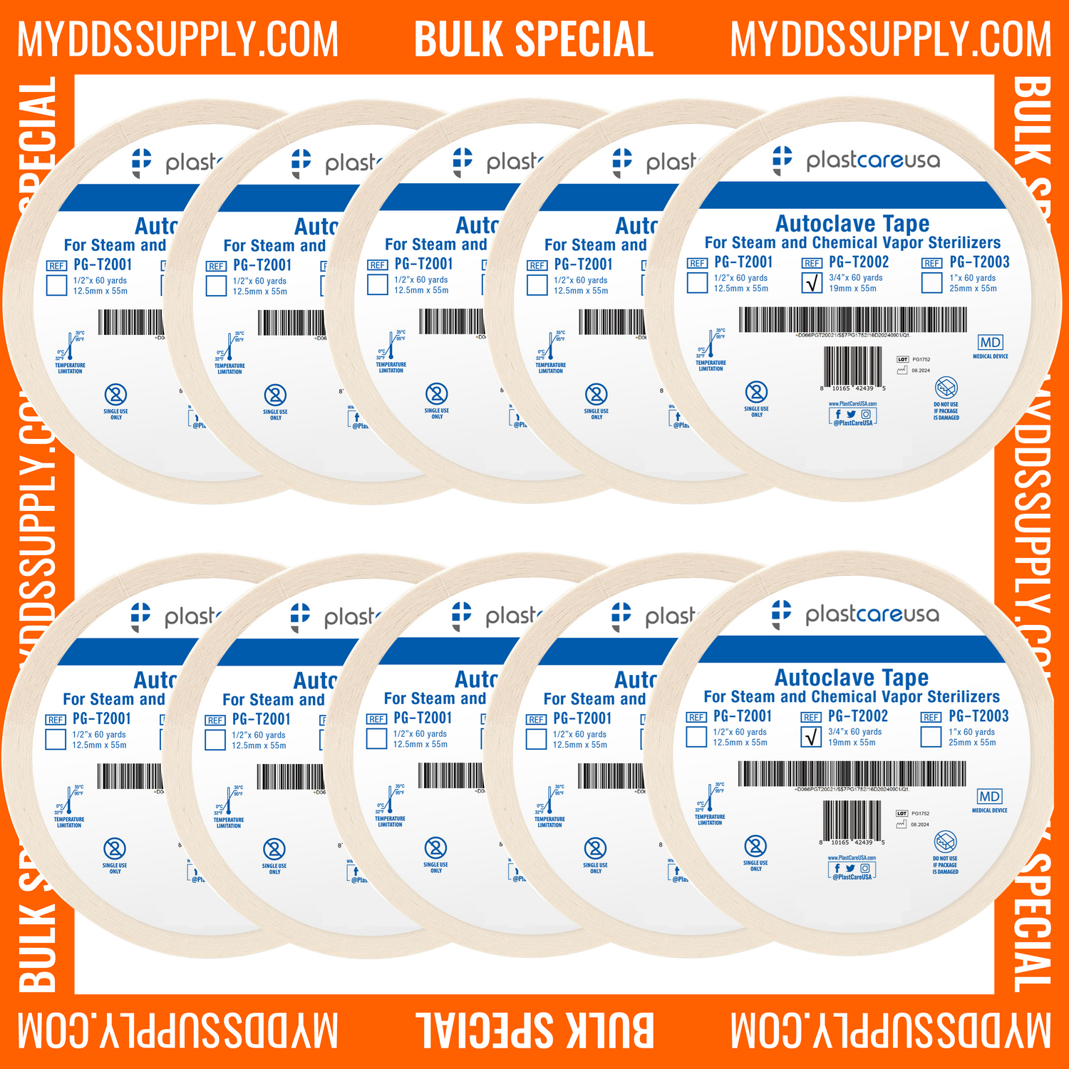 10 Rolls Autoclave Tape 3/4" x 60 Yards, Sterilization Indicator Tape for Steam and Chemical Vapor Sterilizers *Bulk Special*