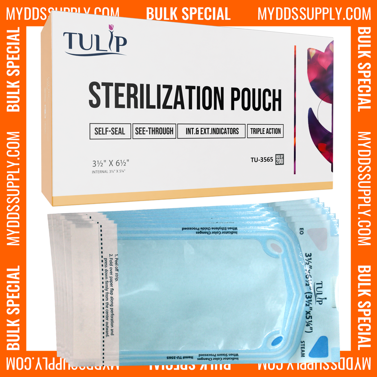 10,000 3.5" x 5.25" Self-Sealing Sterilization Pouches by TULIP (50 Boxes of 200) *Bulk Special*