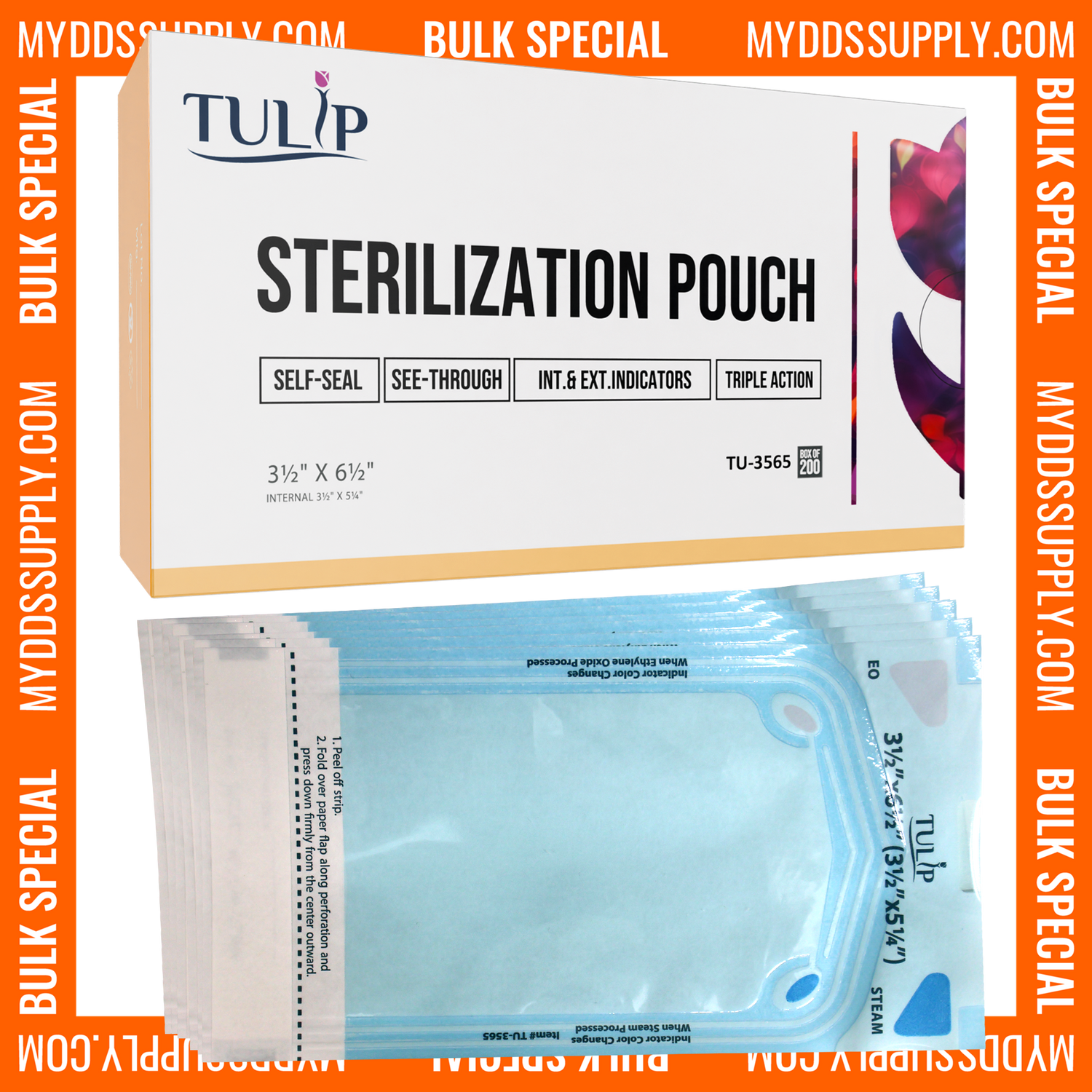 10,000 3.5" x 5.25" Self-Sealing Sterilization Pouches by TULIP (50 Boxes of 200) *Bulk Special*