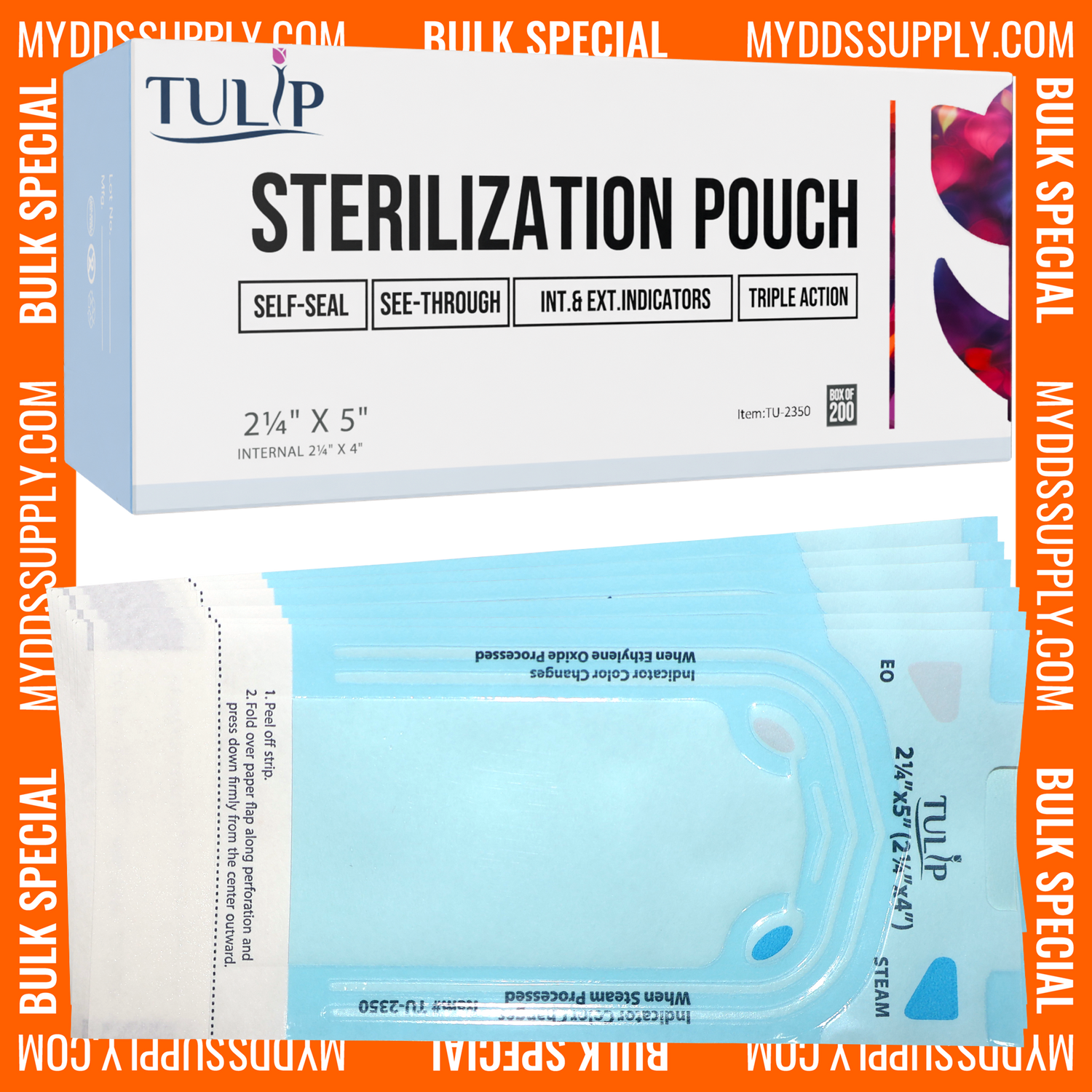 10,000 2.25" x 5" Self-Sealing Sterilization Pouches by TULIP (50 Boxes of 200) *Bulk Special*