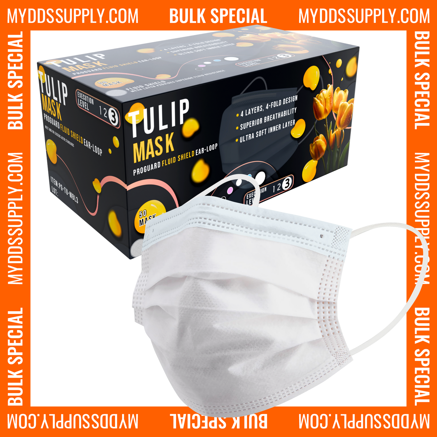 1000 TULIP 4-Ply ASTM Level 3 White Surgical Masks (20 Boxes of 50) *Bulk Special*