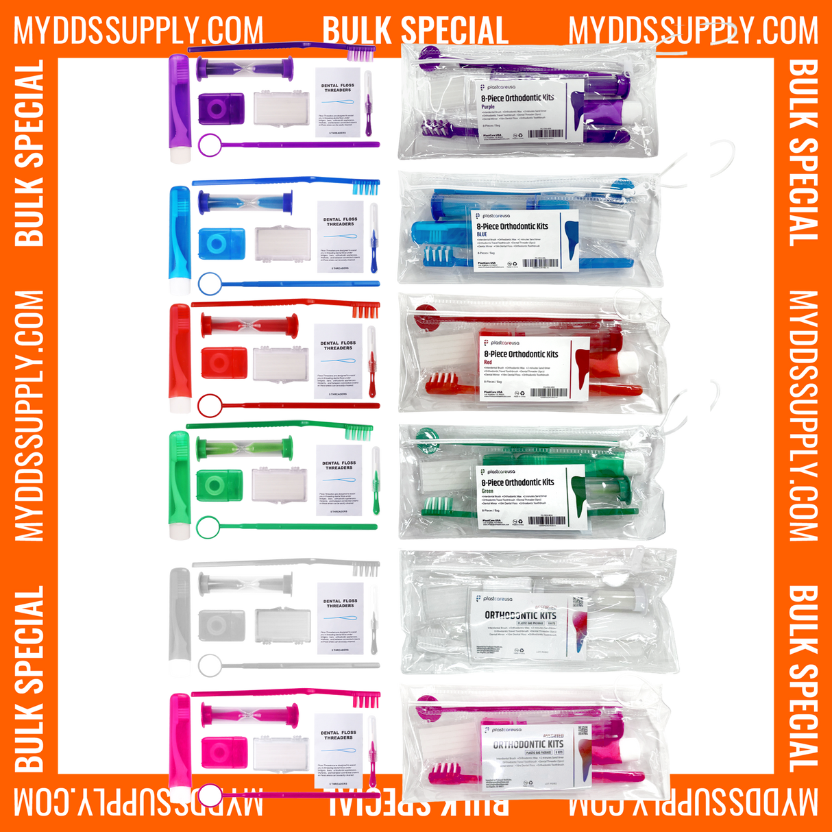 36 Assorted Orthodontic 8-Piece Patient Kits – Pre-Assembled Braces Care Packs in 6 Colors (6 of Each Color) *Bulk Special*