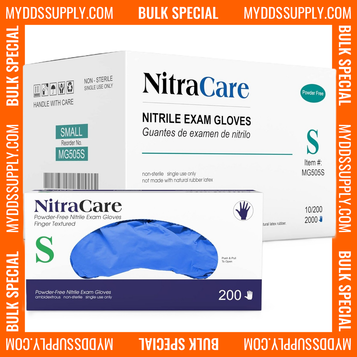 10,000 Small Blue Nitrile 3.5 mil Chemo-Rated Powder Free NitraCare Examination Gloves (50 Boxes of 200) *Bulk Special*
