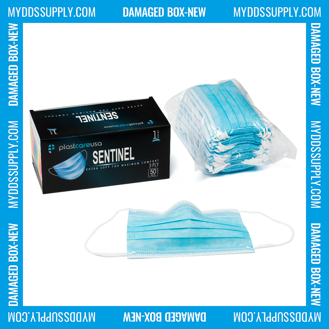 SLIGHTLY DAMAGED BOX-NEW ASTM Level 1 Blue Surgical Face Mask by PlastCare USA (Box of 50) - My DDS Supply