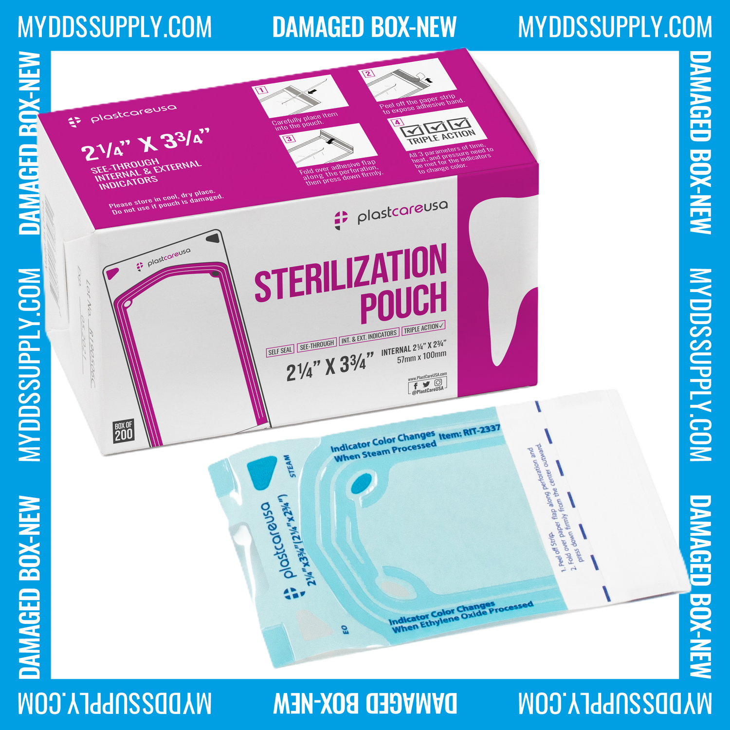 Worn Box-New 1000 2.25" x 2.75" Self-Sealing Sterilization Pouches by PlastCare USA (Warehouse Deal)