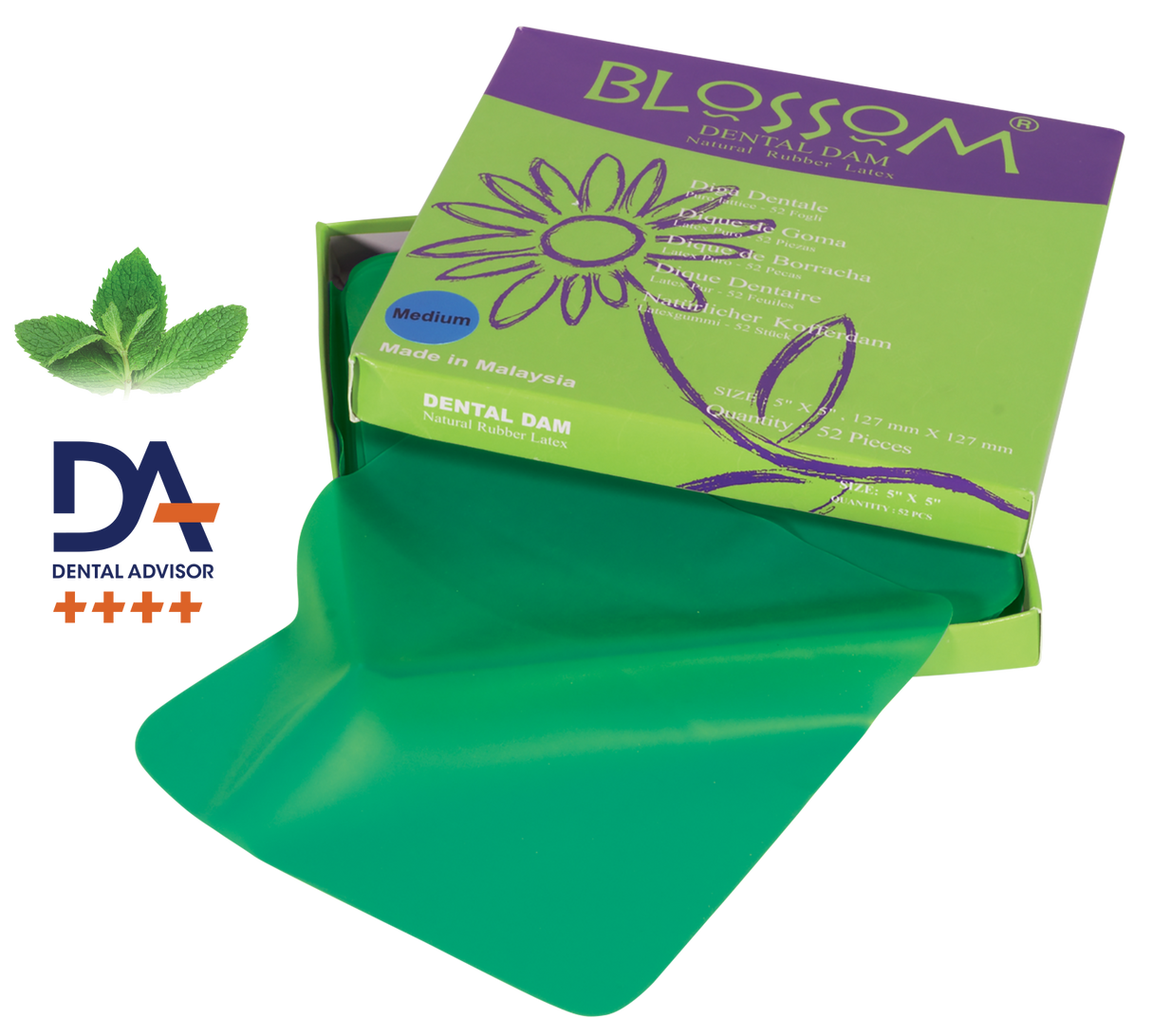Blossom 5″×5″ Medium Latex Rubber Dam – Green (Mint Flavor) (52/Box)