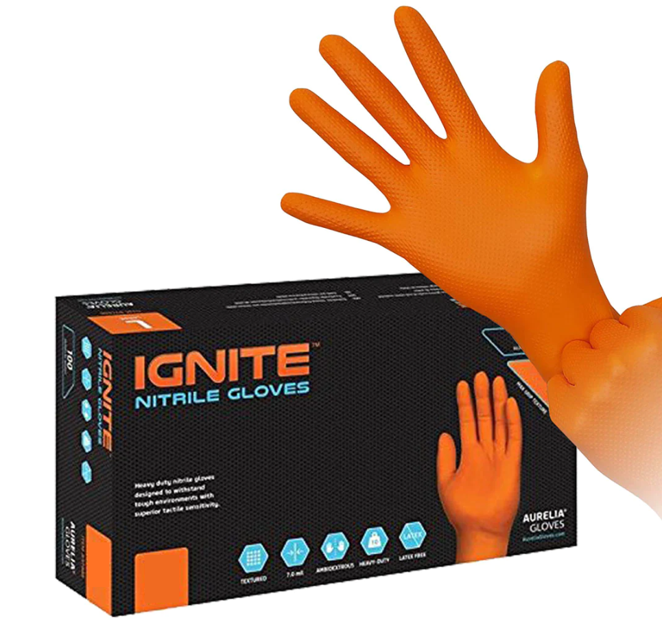 1000 Medium Aurelia Ignite 7 mil Orange Heavy Duty Grip Diamond Texture Nitrile Gloves (10 Boxes of 100)