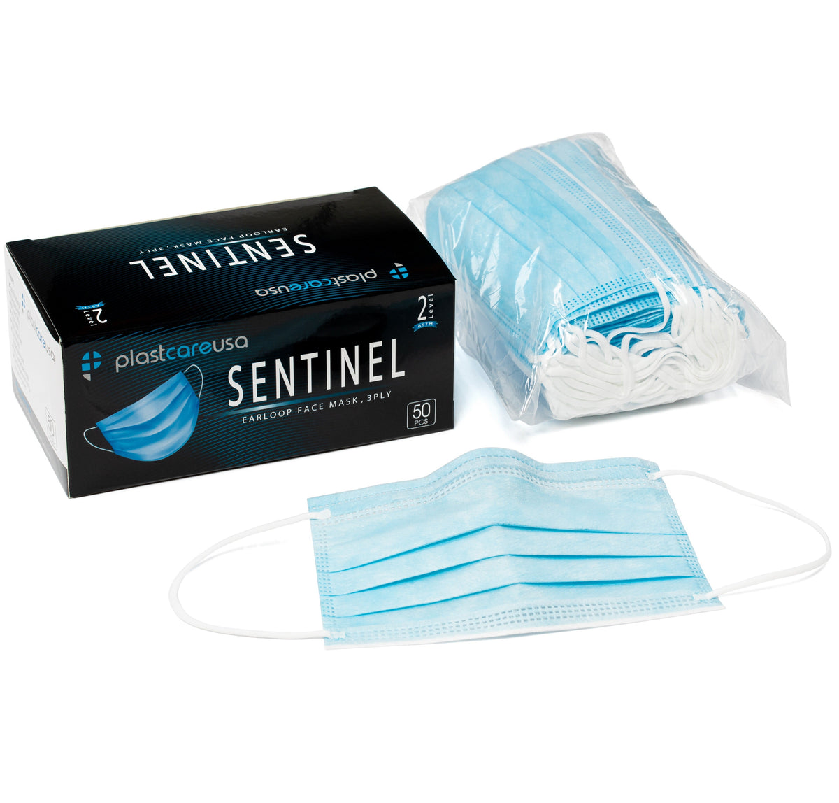 PlastCare USA Sentinel blue ASTM Level 2 surgical face masks, box of 50, new product