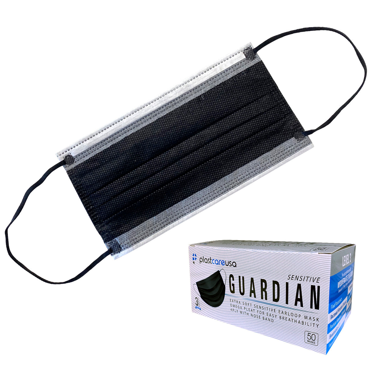 50 4-Ply ASTM Level 3 Black w/ White Stripe Surgical Masks by PlastCare USA