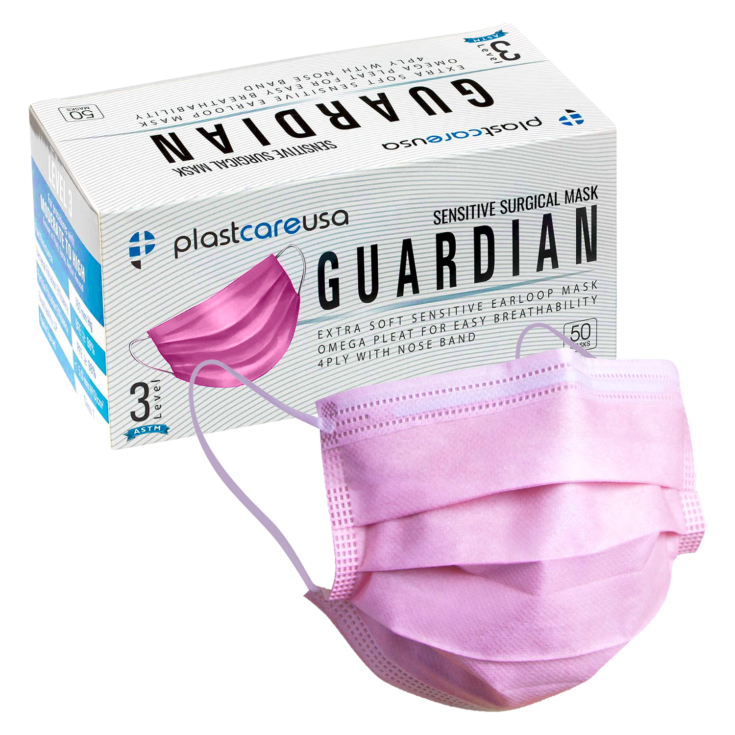 4-Ply ASTM Level 3 Surgical Masks (Pink) Box of 50 by PlastCare USA