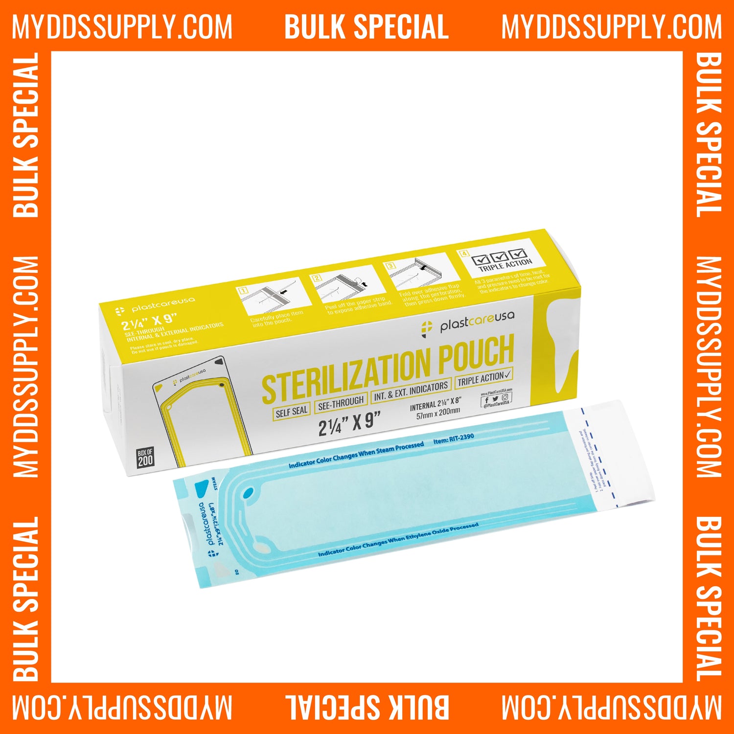 10,000 2.25" x 8" Self-Sealing Sterilization Pouches for Autoclave by PlastCare USA *Bulk Special* - My DDS Supply