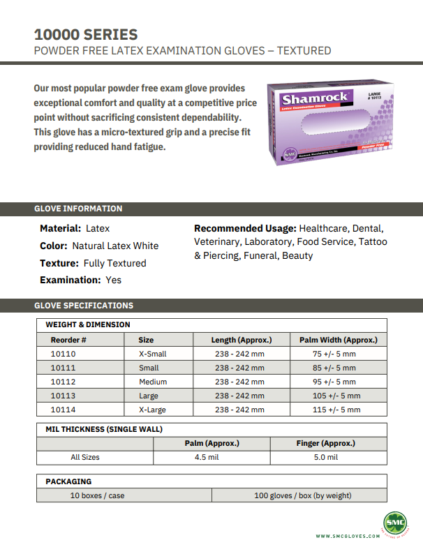 1000 Small Latex Shamrock 10000 Series Medical Examination Gloves (Powder Free)