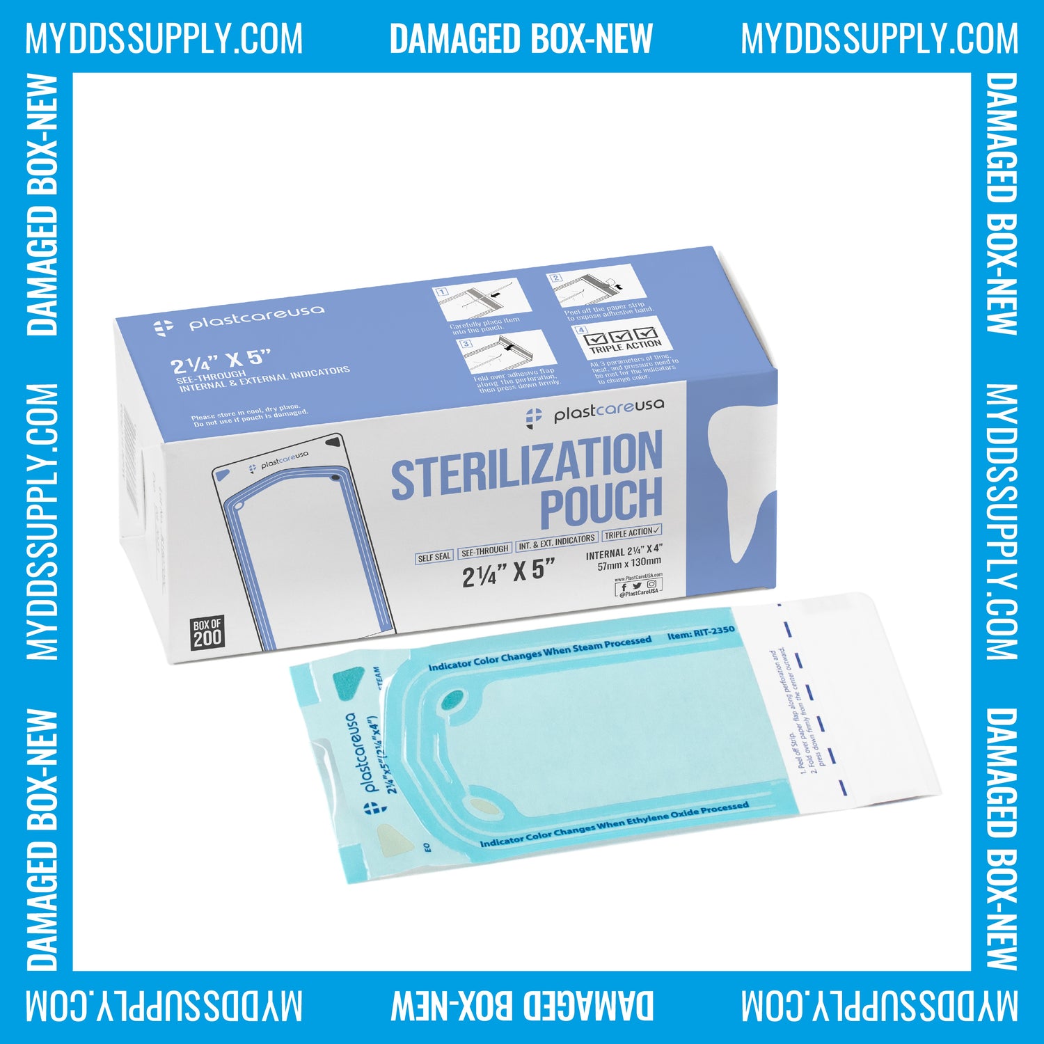 Worn Box-New 2000 2.25" x 4" Self-Sealing Sterilization Pouches by PlastCare USA (Warehouse Deal) - My DDS Supply