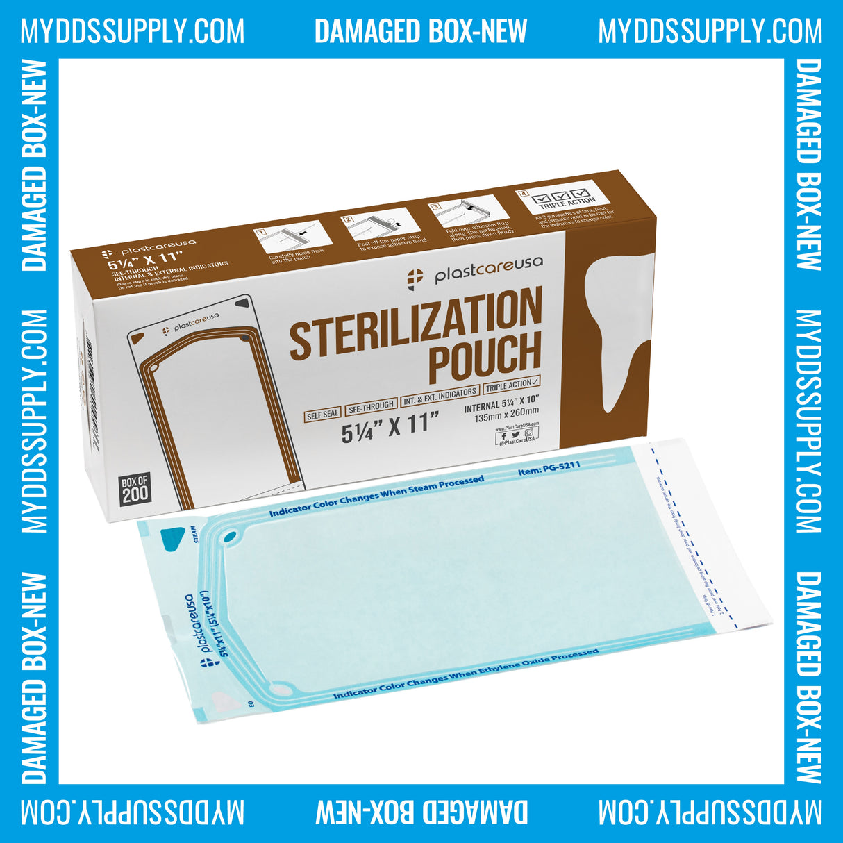 Worn Box-New 1000 5.25" x 10" Self-Sealing Sterilization Pouches by PlastCare USA (Warehouse Deal) - My DDS Supply