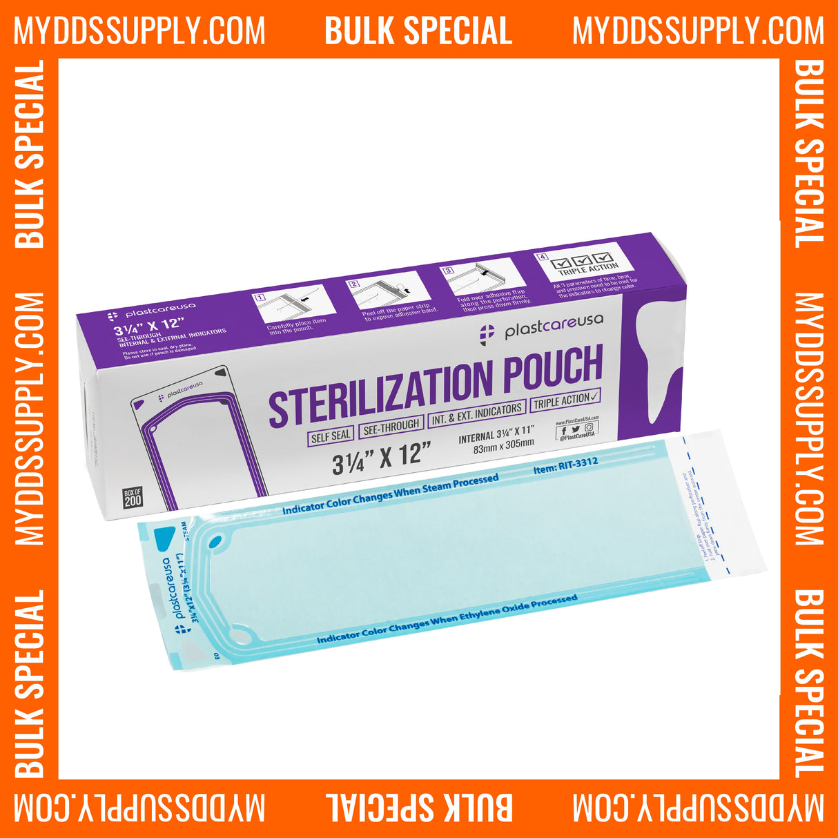 10,000 3.25" x 12" Self-Sealing Sterilization Pouches for Autoclave by PlastCare USA *Bulk Special* - My DDS Supply