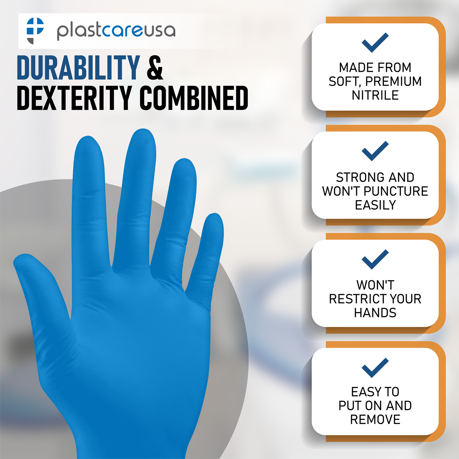 1000 MEDIUM Blue Nitrile Exam Premium Gloves (Powder & Latex Free), PlastCare USA Splash - My DDS Supply