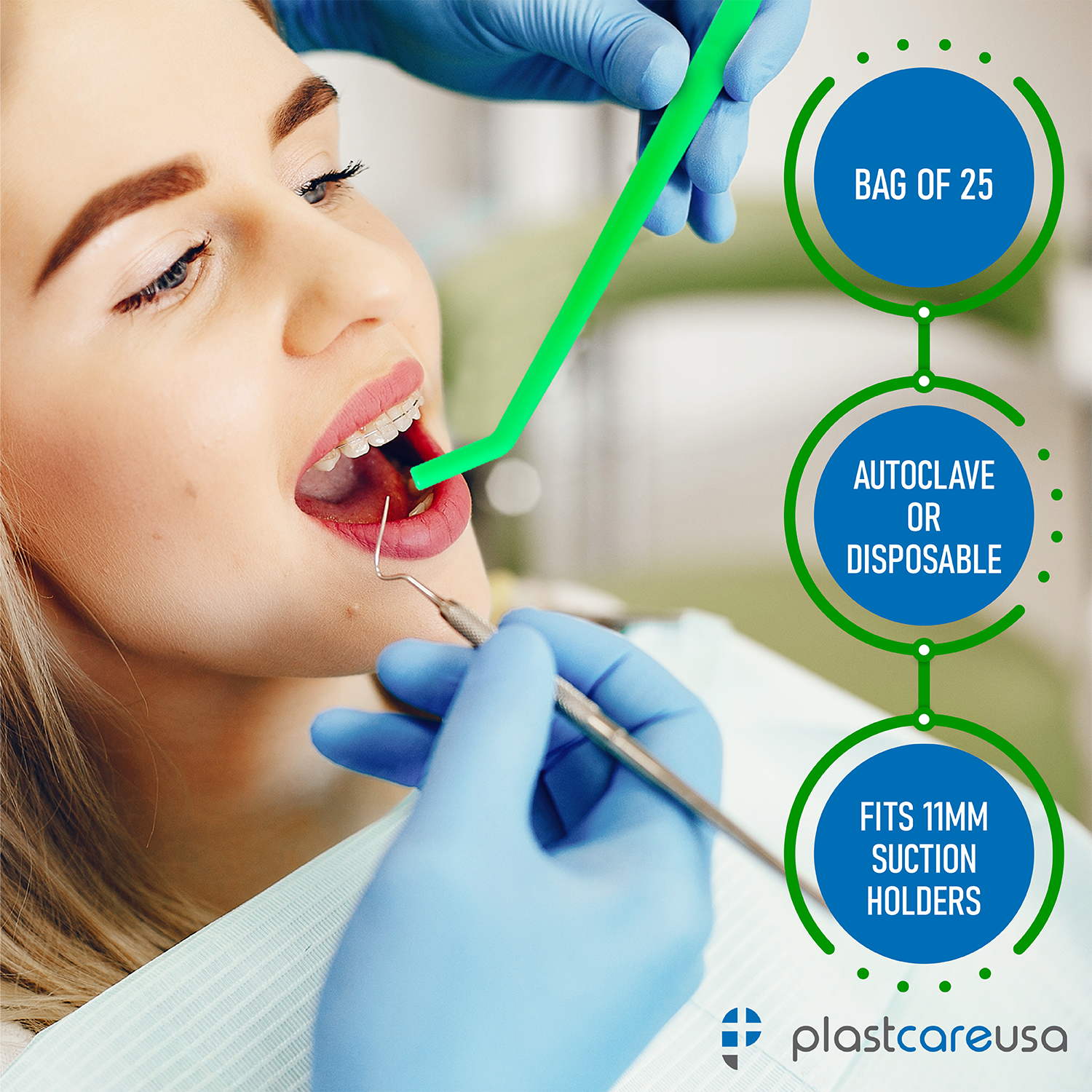 100 x Large Green 1/4" Dental Surgical Aspirator Tips (4 Bags) by PlastCare USA - My DDS Supply