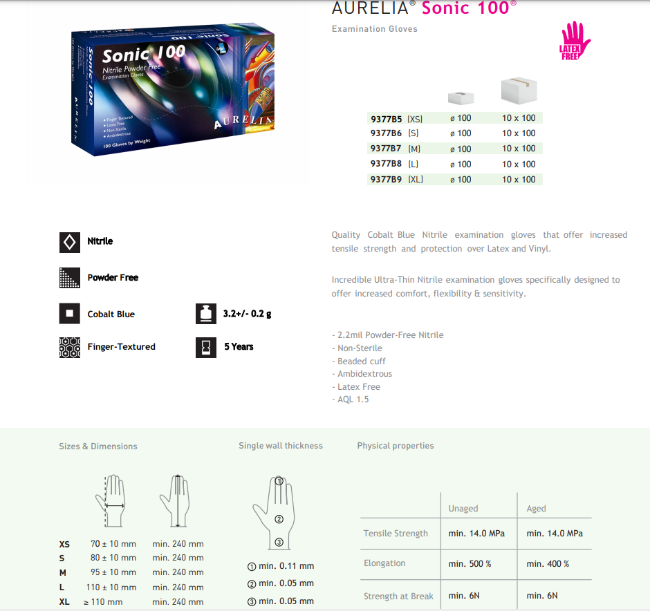 1000 Medium Aurelia Sonic-100 Blue Nitrile 2.2 mil Powder Free Examination Gloves (10 Boxes) - My DDS Supply