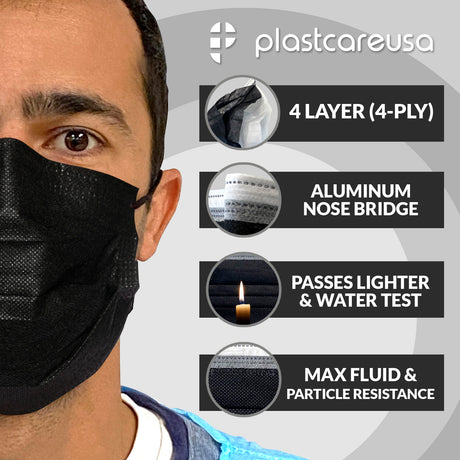 Black 4-Ply ASTM Level 3 Surgical Masks Box of 50 by PlastCare USA - My DDS Supply