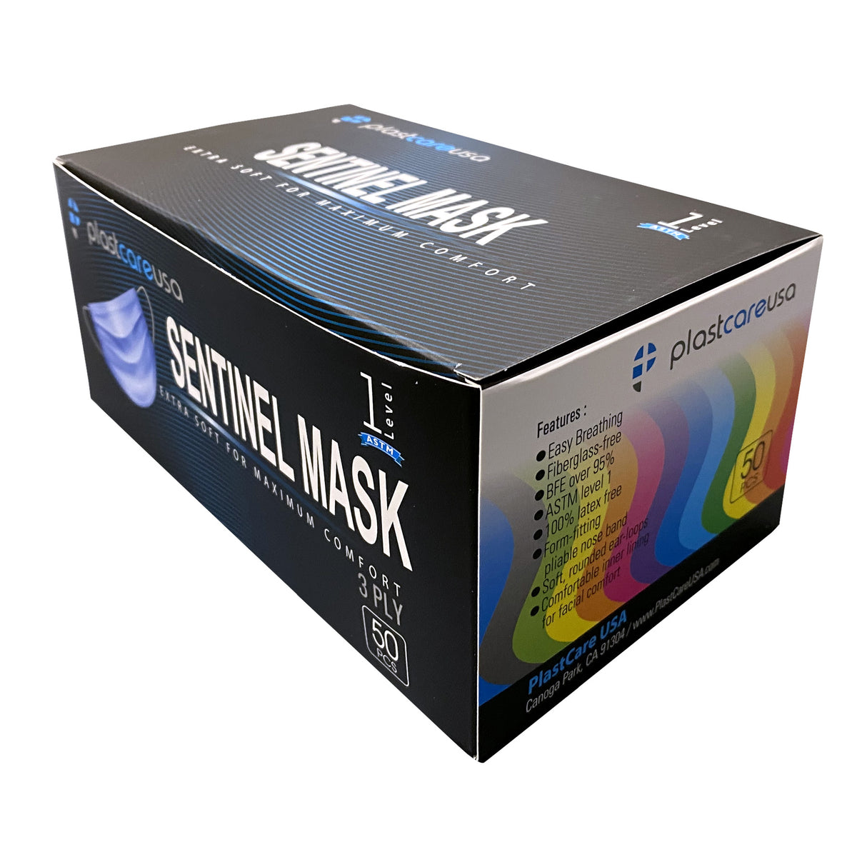 SLIGHTLY DAMAGED BOX-NEW ASTM Level 1 Blue Surgical Face Mask by PlastCare USA (Box of 50) - My DDS Supply