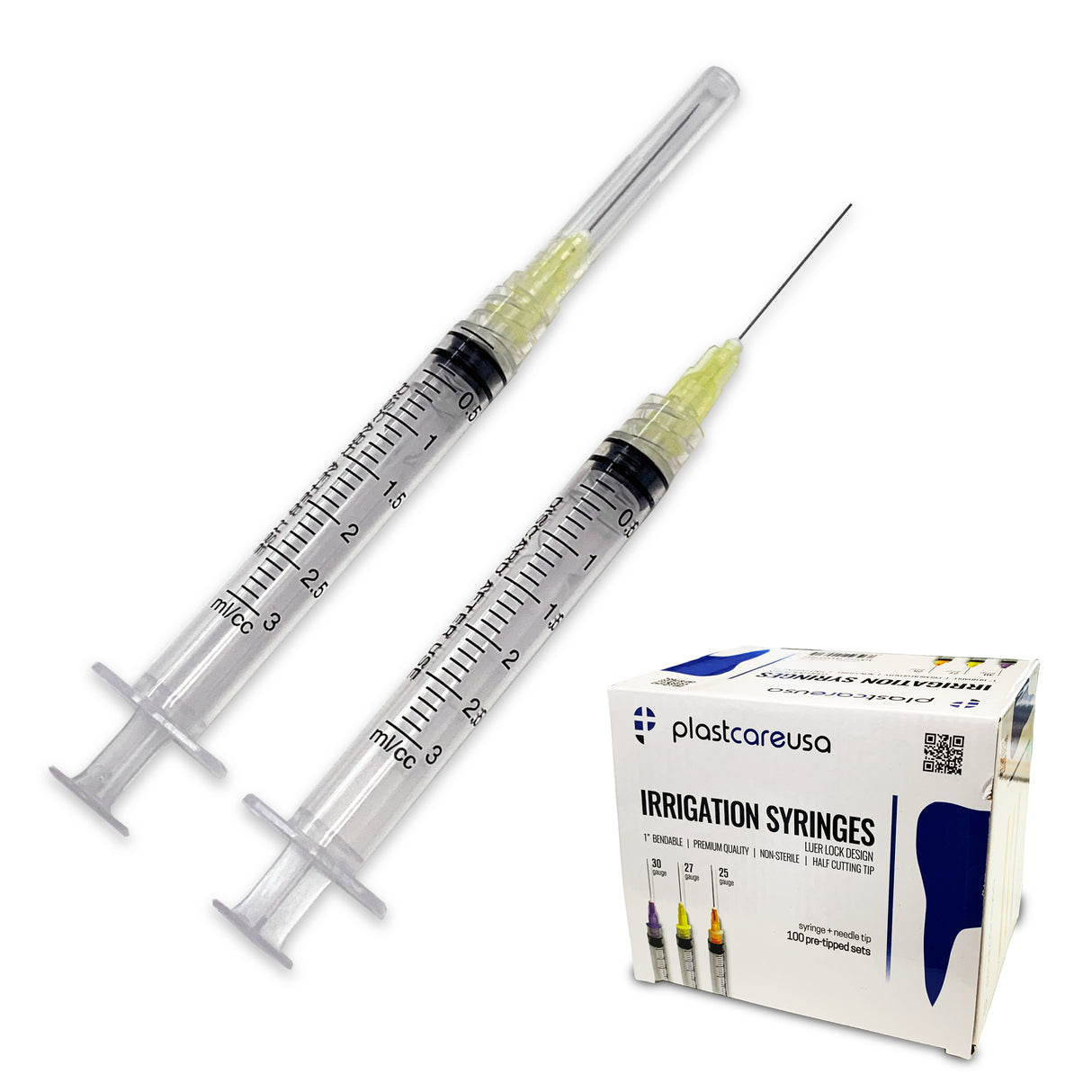 100 x 3cc 27 Gauge Irrigation Syringes & Tips, Yellow (1 Box) by PlastCare USA - My DDS Supply