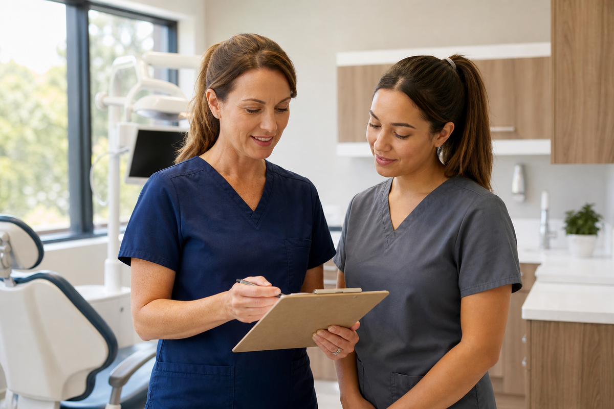 Dental office manager onboarding a new dental assistant at the front desk