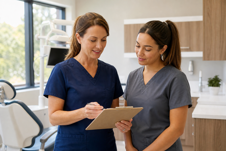 Dental office manager onboarding a new dental assistant at the front desk